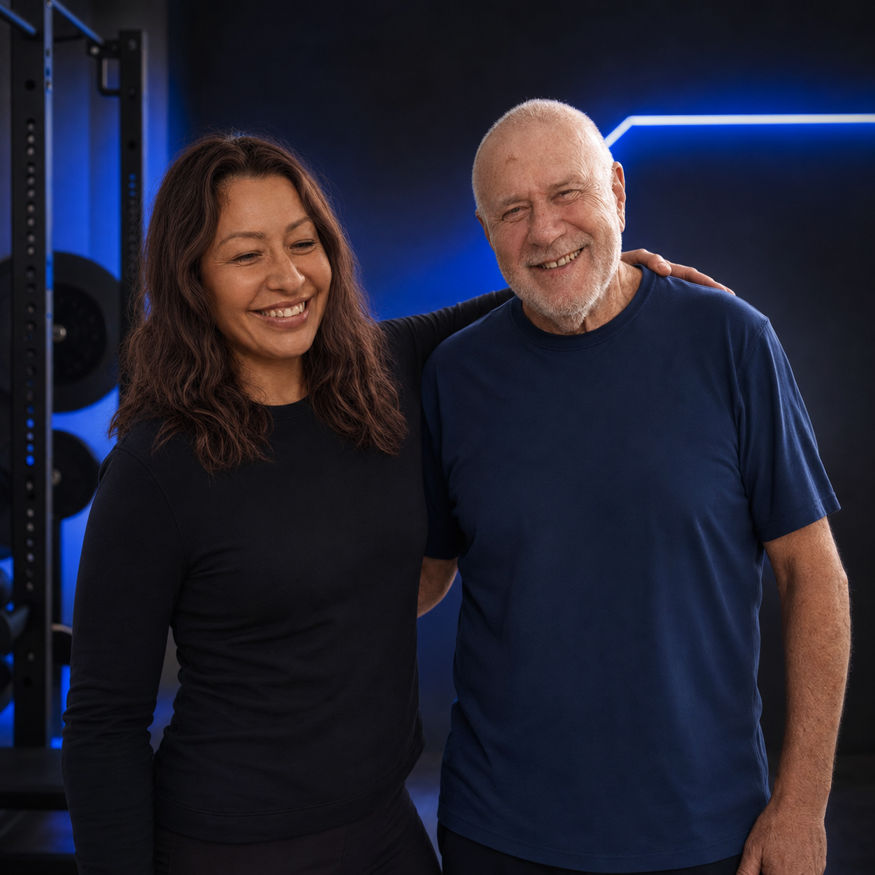 Jacqueline with Stew, a Minimalist Strength client, in the studio